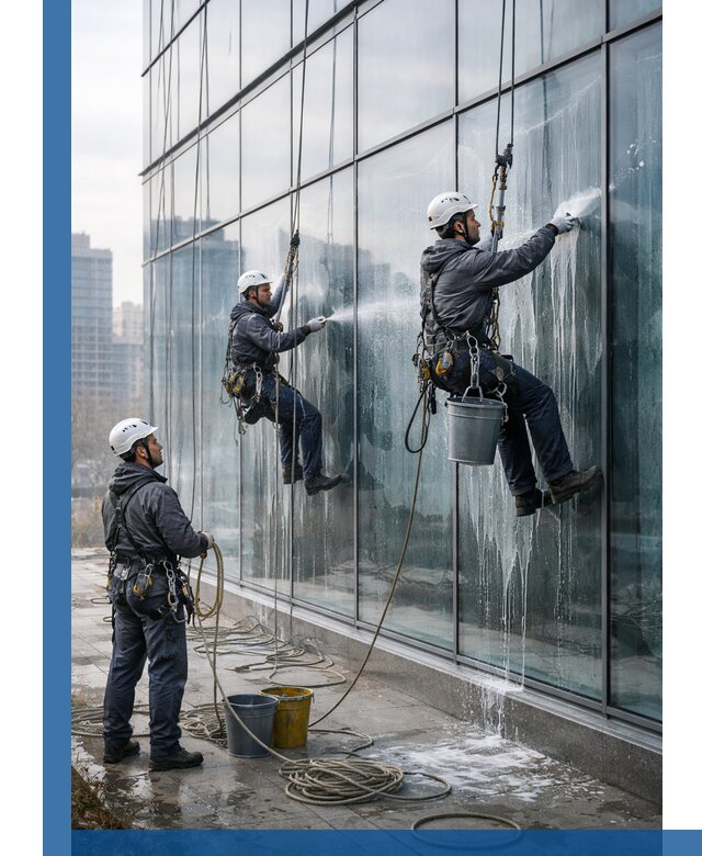 Промышленная мойка панорамных окон на высоте в Вольске