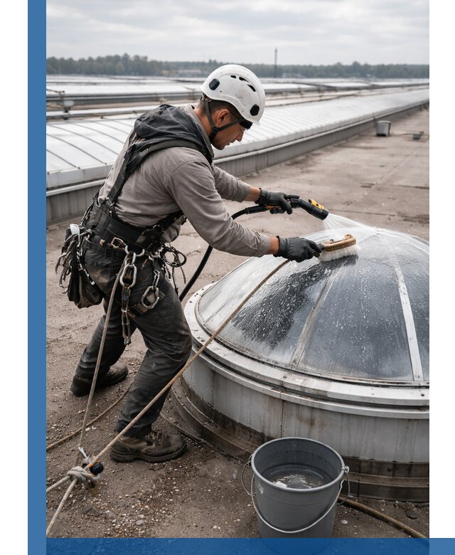 Мойка зенитных фонарей на кровле для промышленных объектов в Вольске