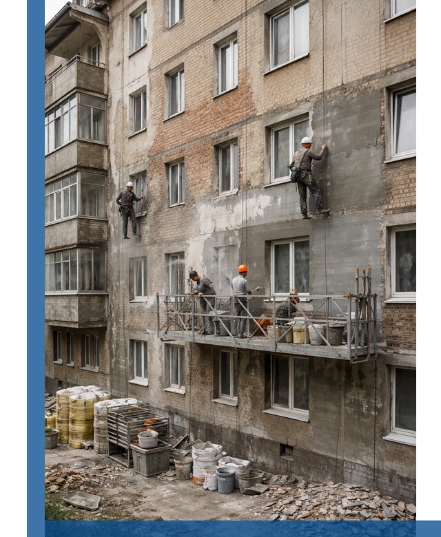 Капитальный ремонт фасада в Вольске с восстановлением и гидроизоляцией