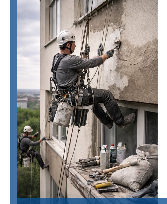 Косметический ремонт фасада зданий в Вольске промышленными альпинистами