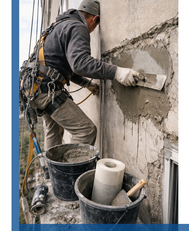 Ремонт бетонных элементов фасада промышленными альпинистами в Вольске