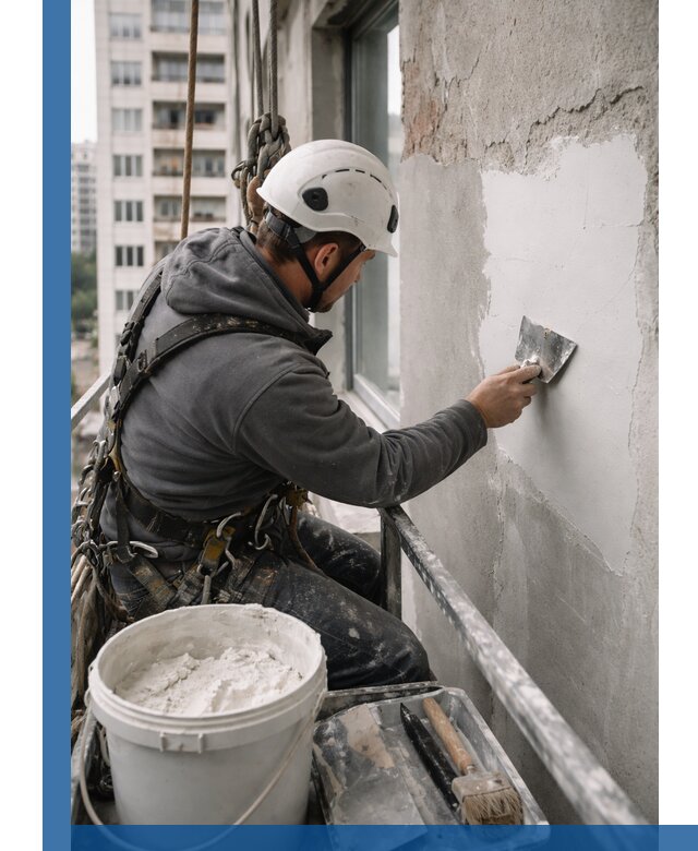 Шпаклевка фасадов на высоте с промальпинистами в Вольске