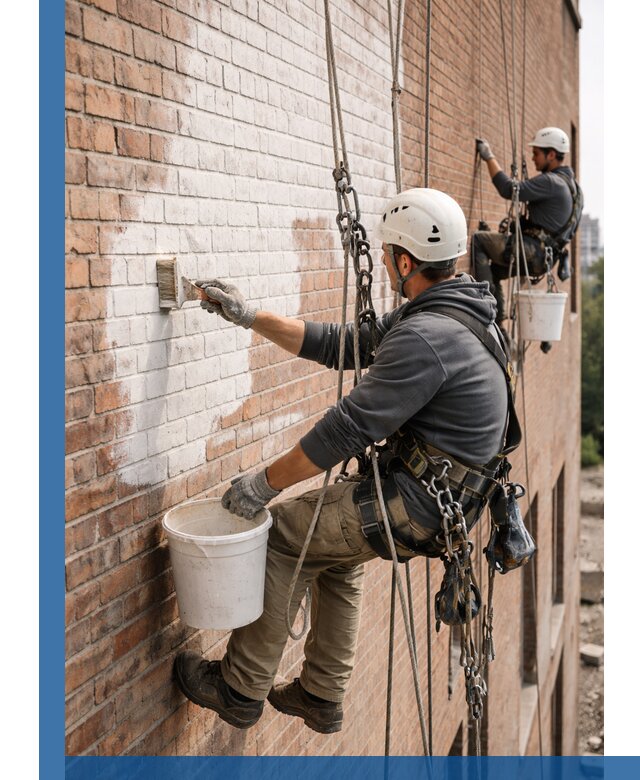 Покраска кирпичного фасада с доступным альпинистским сервисом в Вольске