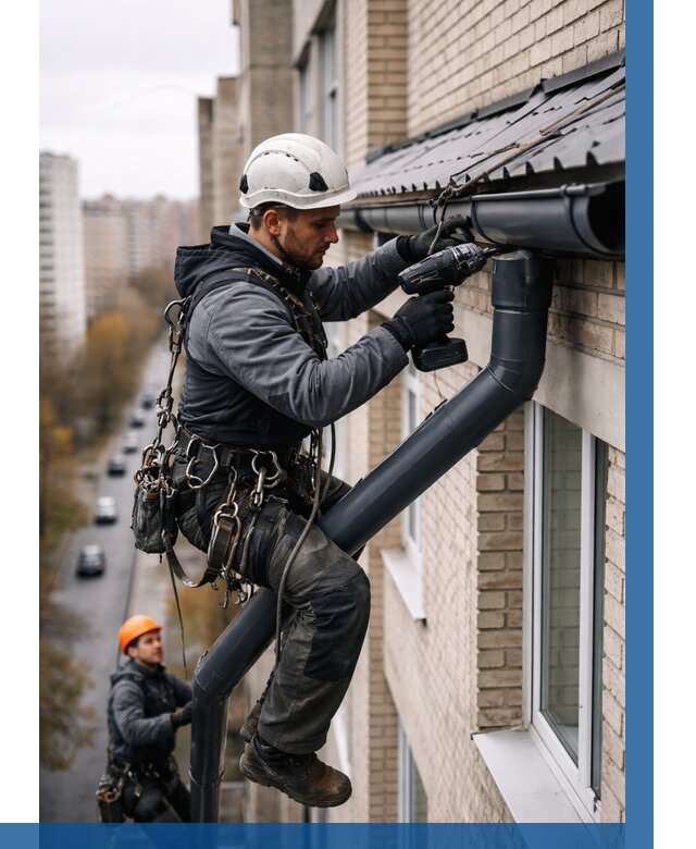 Монтаж водосточной системы на здании в Вольске от 5064 р. | ВЫСОТНИК-Вль