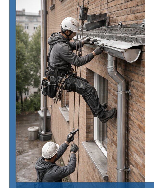 Монтаж водосточной системы на здании в Вольске под ключ