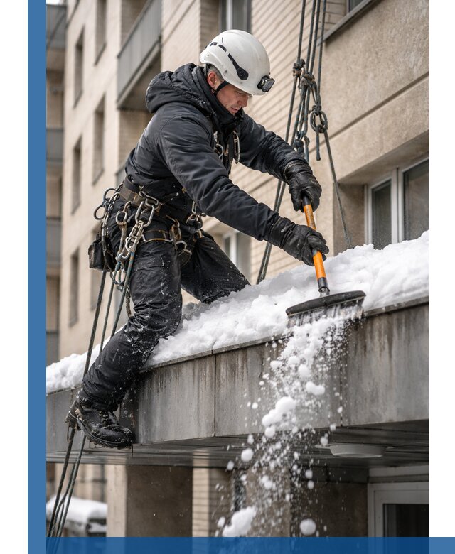 Очистка козырьков от снега в Вольске круглогодично безопасно