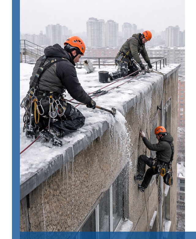 Удаление наледи с кровли в Вольске промышленными альпинистами
