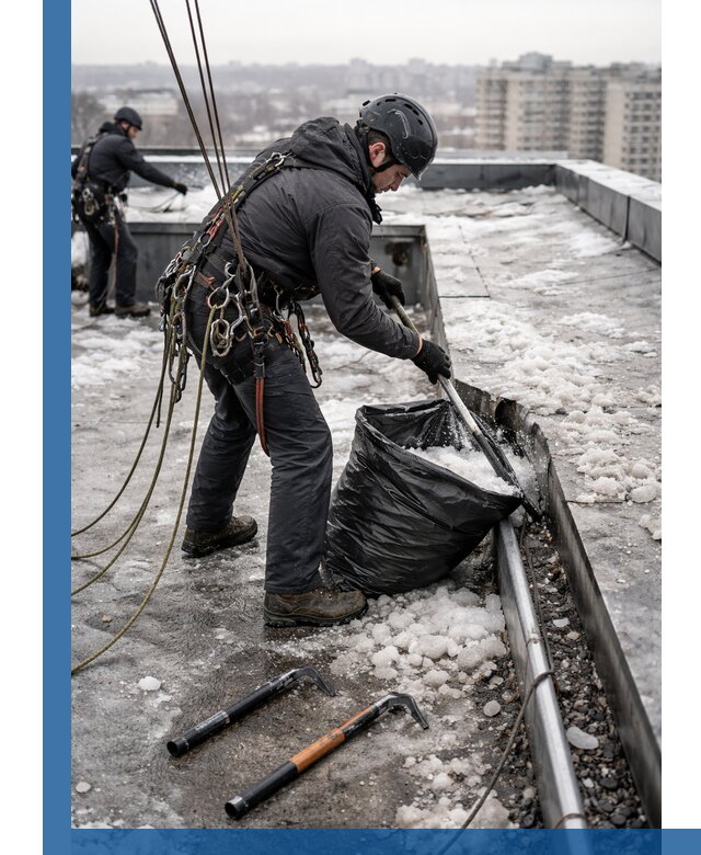 Аварийная очистка кровли в Вольске от промальпинистов