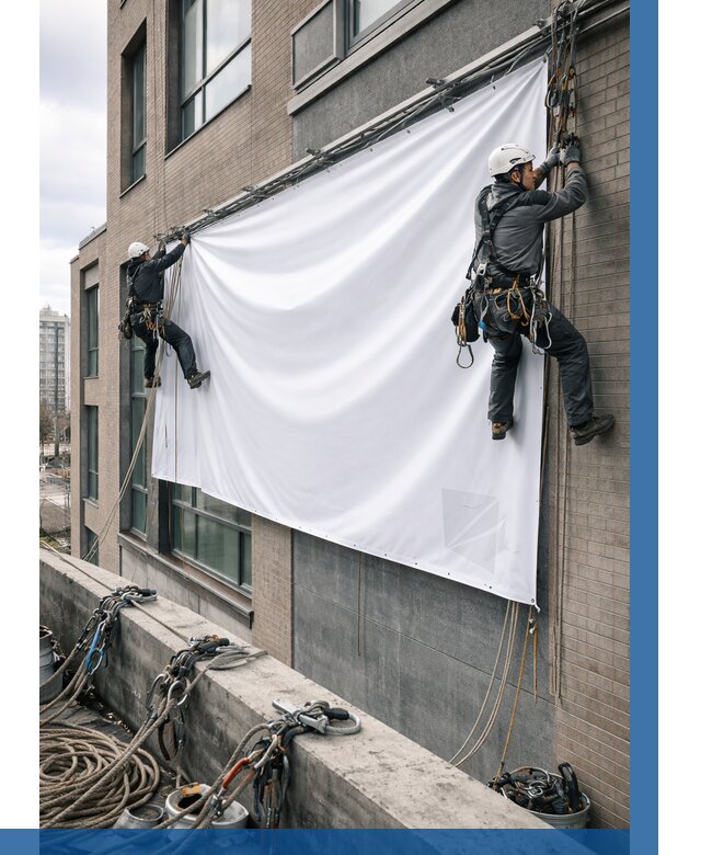 Монтаж баннеров на фасаде в Вольске от 658 р. заказать ВЫСОТНИК-Вль