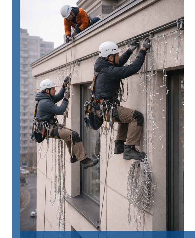 Монтаж праздничных гирлянд на фасаде в Вольске для зданий