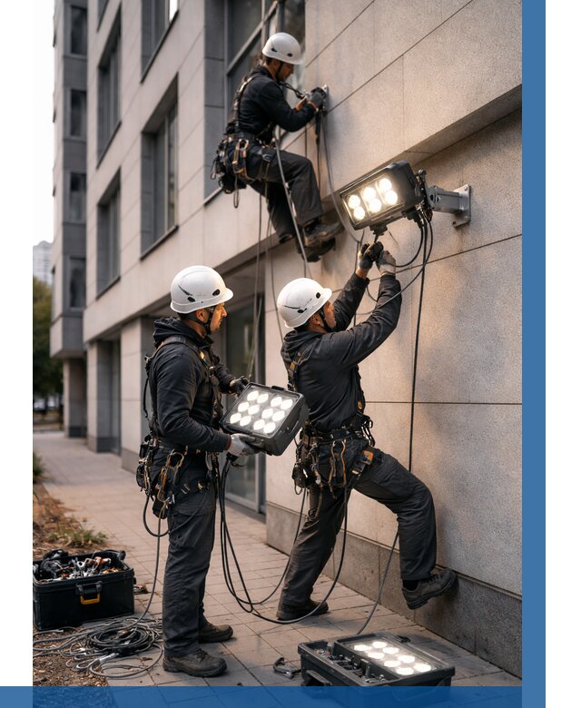 Монтаж прожекторов на фасаде в Вольске от 7595 р. | ВЫСОТНИК-Вль