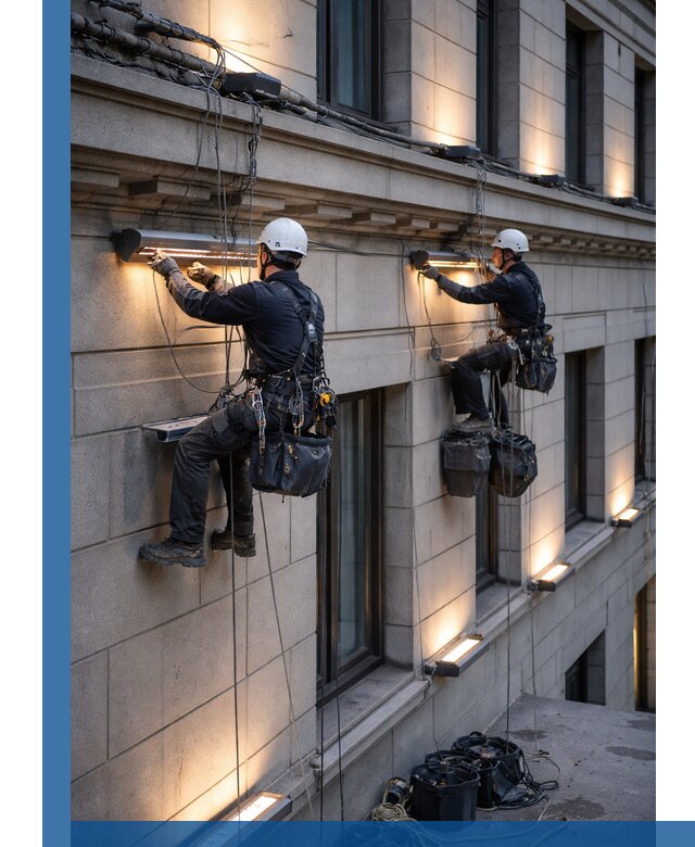 Монтаж архитектурной подсветки фасадов зданий в Вольске