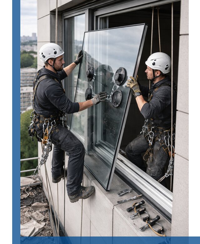 Замена стеклопакетов на высоте с промышленными альпинистами в Вольске