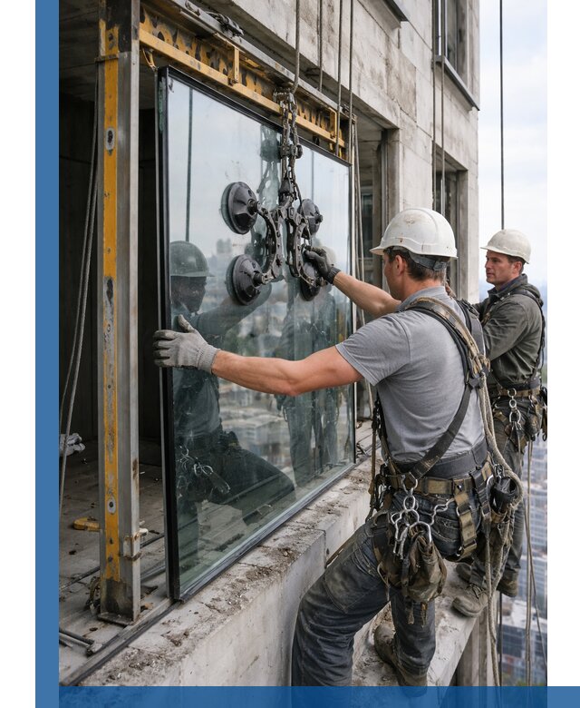 Монтаж стеклопакетов на высоте в Вольске с промышленным альпинизмом