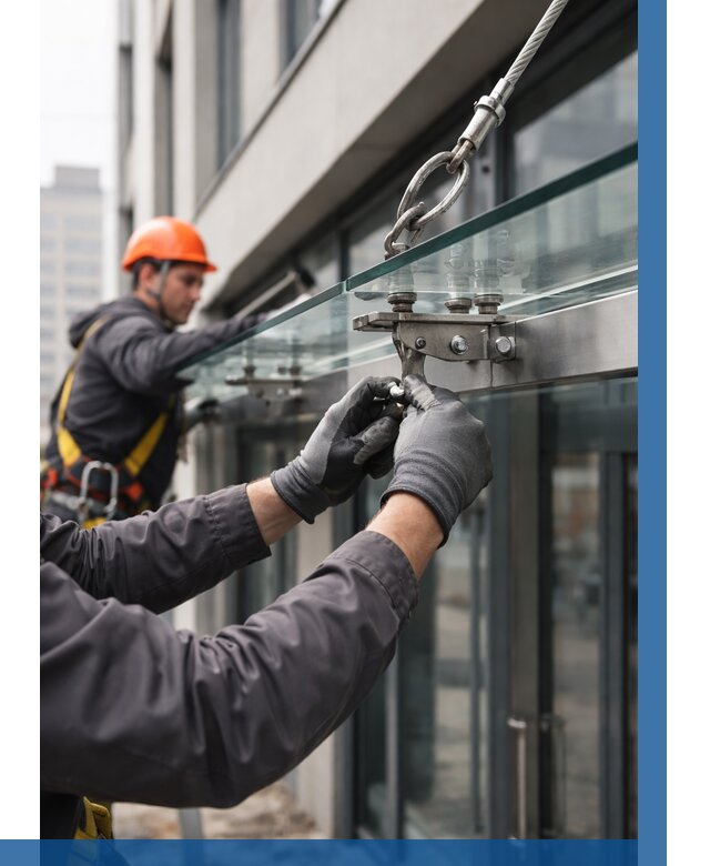 Монтаж стеклянных козырьков в Вольске от 8608 р. | ВЫСОТНИК-Вль