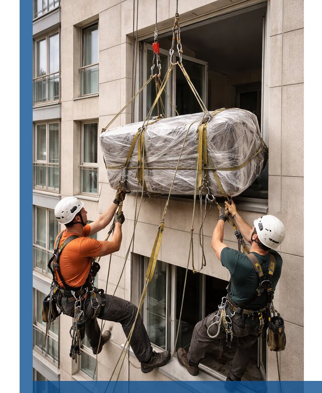 Подъем грузов через окно в Вольске промышленными альпинистами