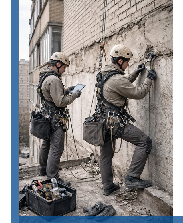 Обследование фасада промышленными альпинистами в Вольске